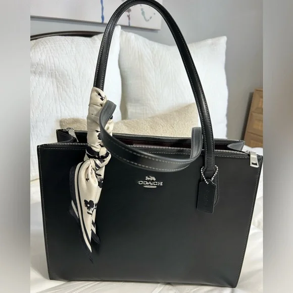 Coach Black Leather Tote with Floral Scarf Accent - Picture 1 of 4